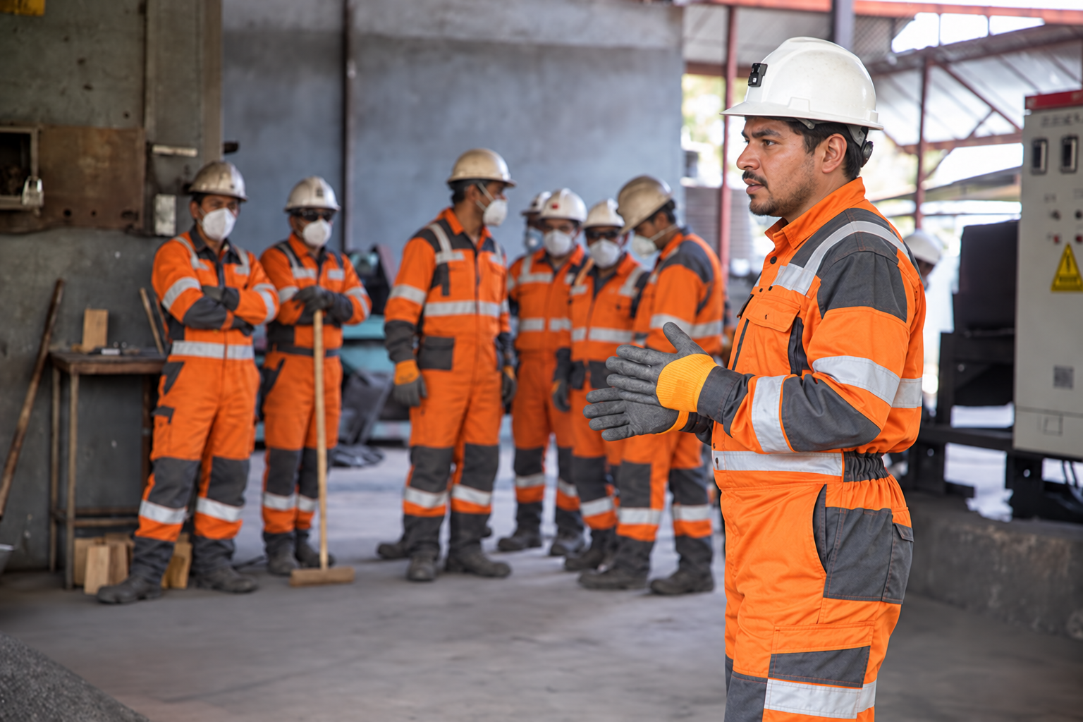 Instructor chileno capacitando a un grupo de trabajadores con uniformes mineros naranjas en una instalación industrial